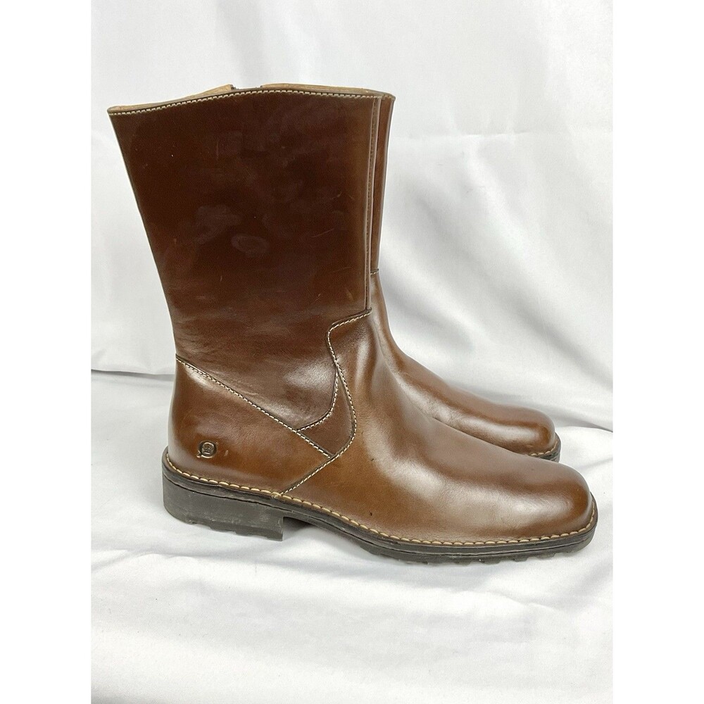 Born Brown Leather Mid-Calf Boots Hayes Side Zip Square Toe Low Block Heel Sz 10